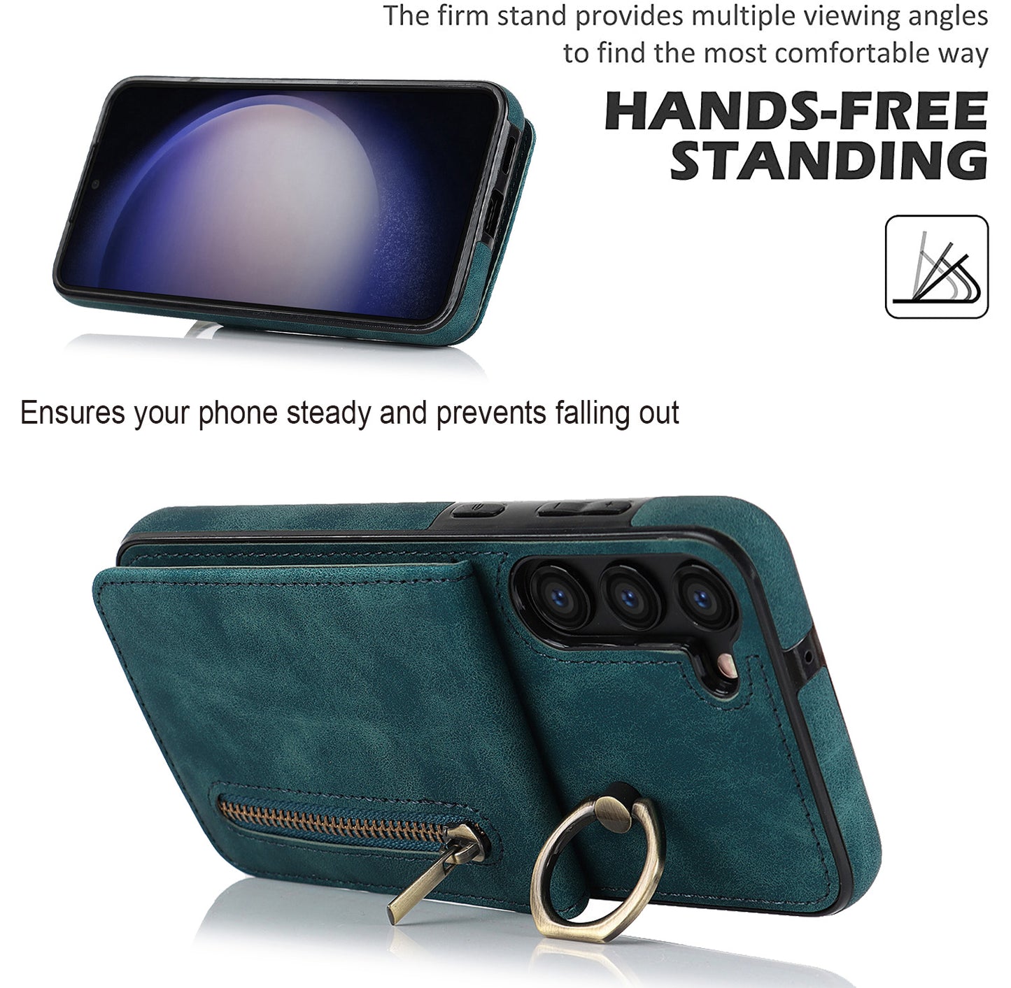 RFID Blocking Kickstand Phone Case for Samsung Galaxy S23+ Retro PU+TPU Zippered Wallet Phone Cover