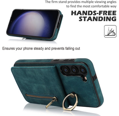 RFID Blocking Kickstand Phone Case for Samsung Galaxy S23+ Retro PU+TPU Zippered Wallet Phone Cover