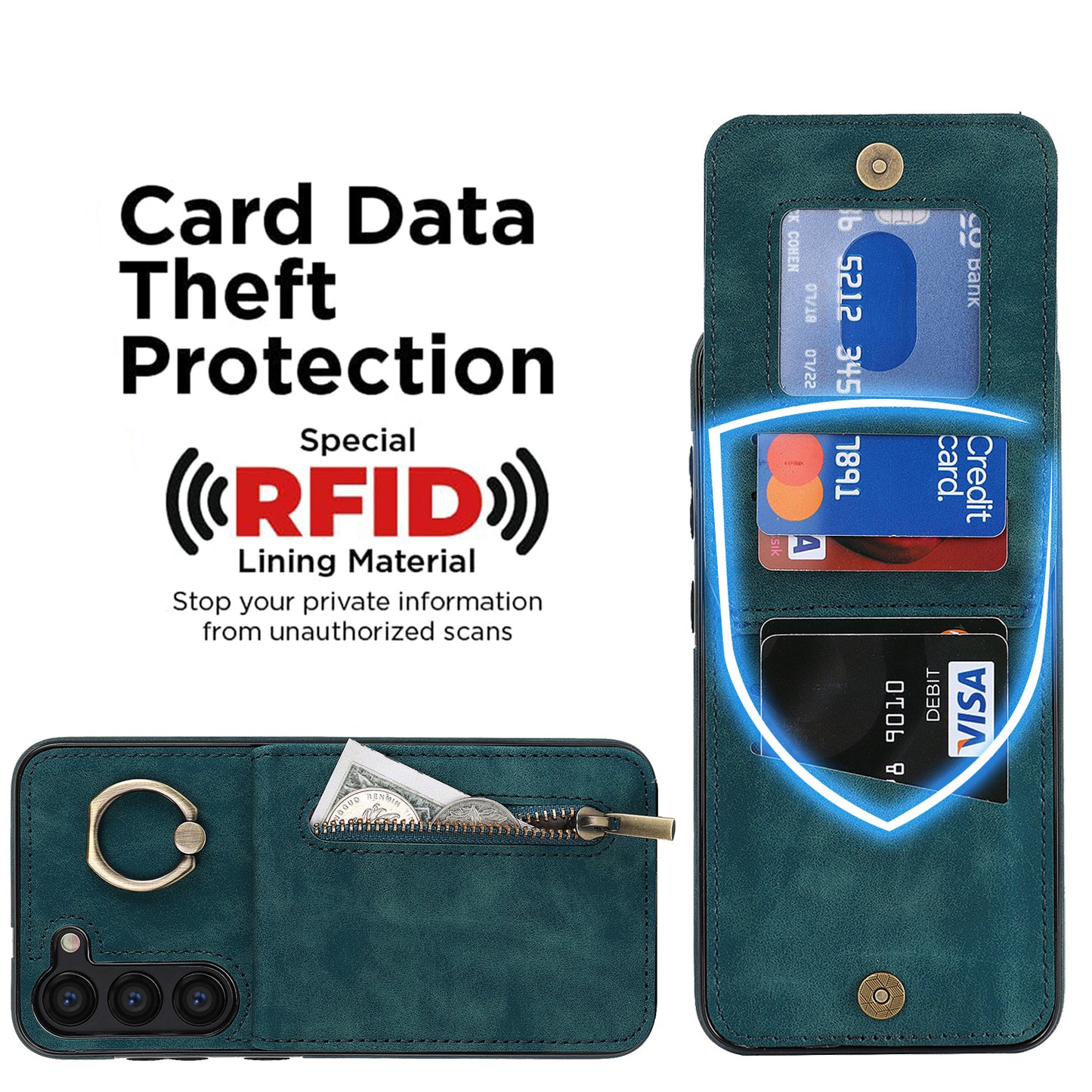 RFID Blocking Kickstand Phone Case for Samsung Galaxy S23+ Retro PU+TPU Zippered Wallet Phone Cover