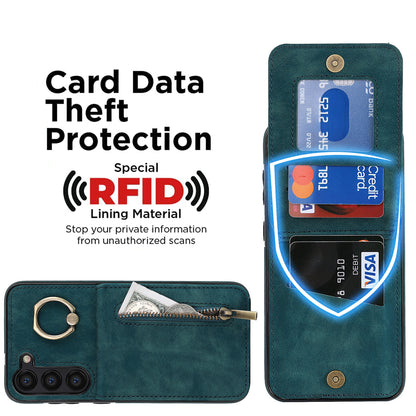 RFID Blocking Kickstand Phone Case for Samsung Galaxy S23+ Retro PU+TPU Zippered Wallet Phone Cover