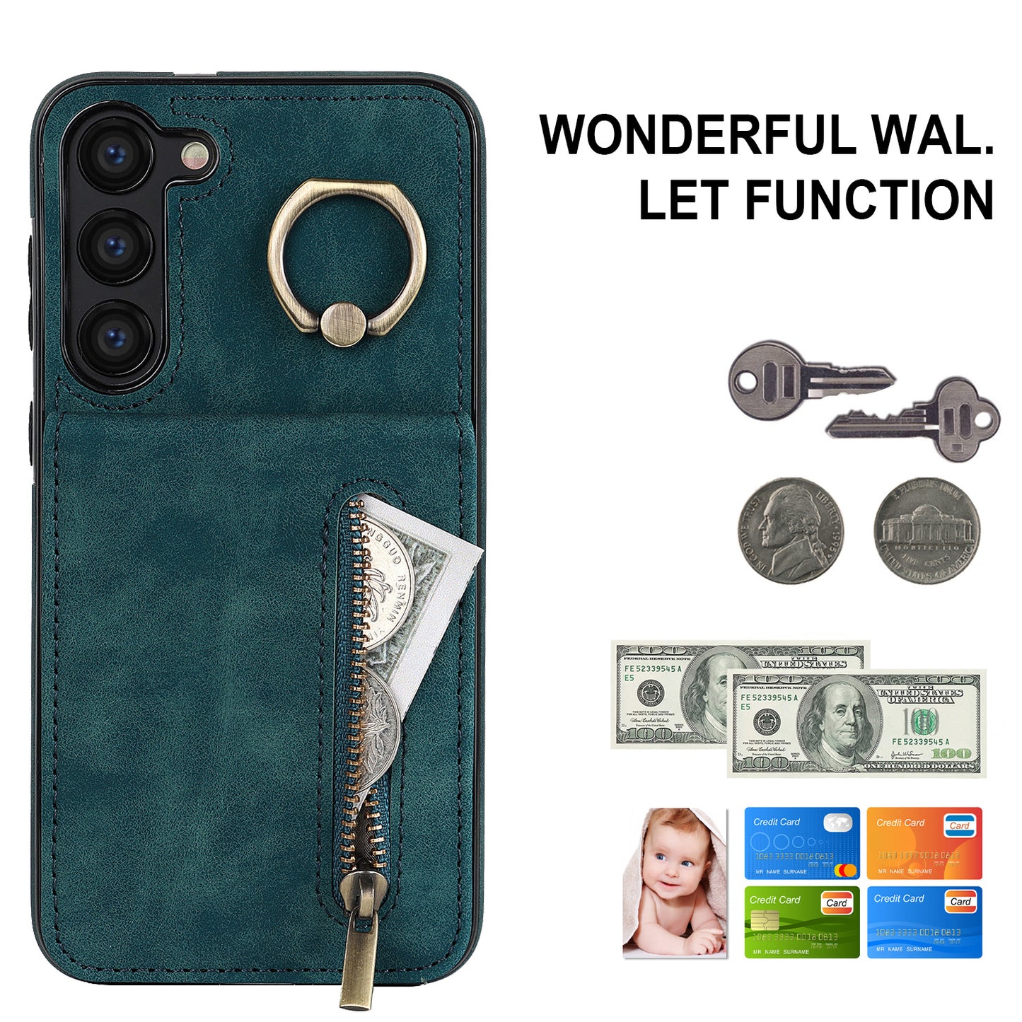 RFID Blocking Kickstand Phone Case for Samsung Galaxy S23+ Retro PU+TPU Zippered Wallet Phone Cover