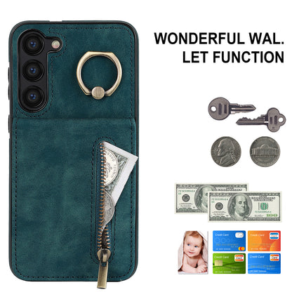RFID Blocking Kickstand Phone Case for Samsung Galaxy S23+ Retro PU+TPU Zippered Wallet Phone Cover