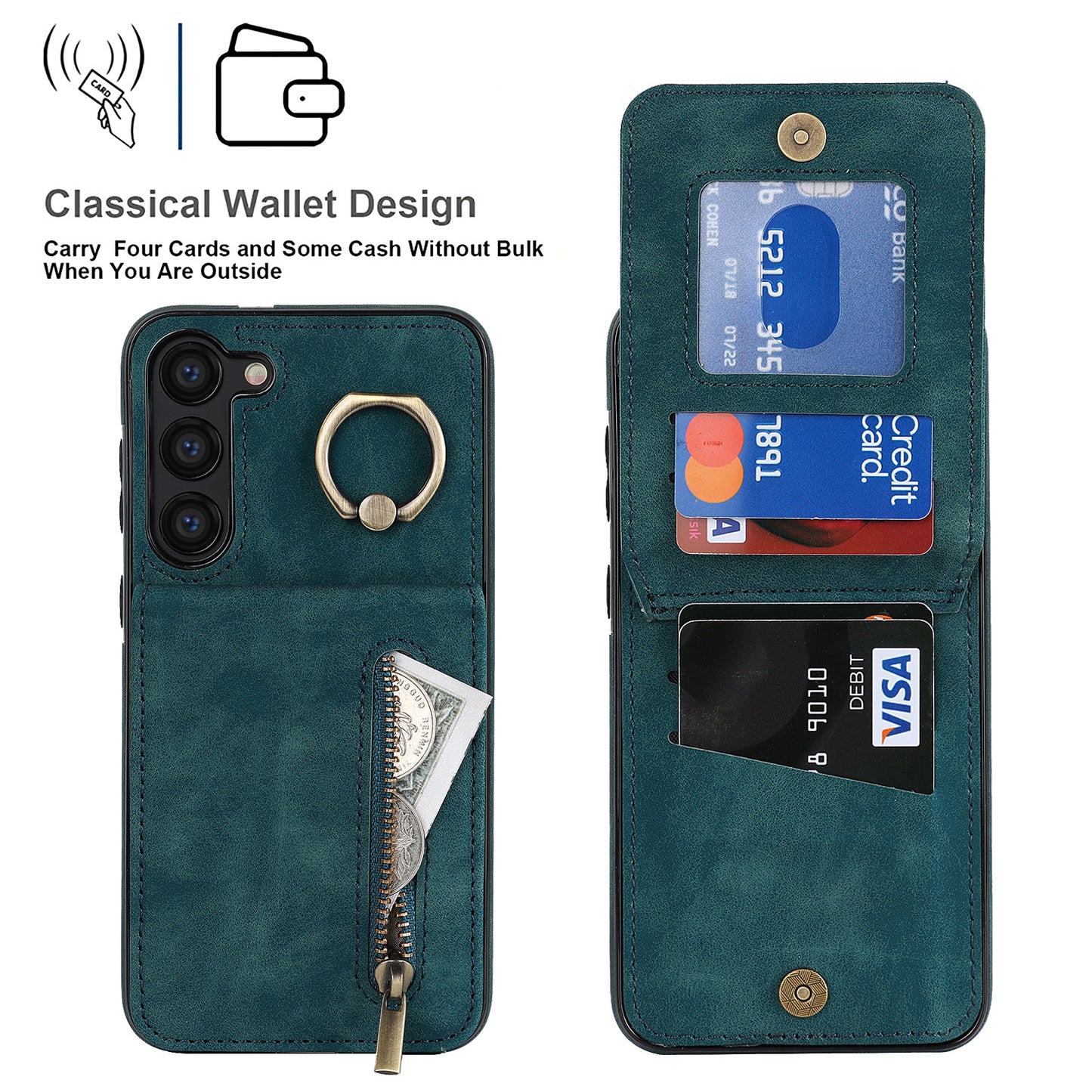 RFID Blocking Kickstand Phone Case for Samsung Galaxy S23+ Retro PU+TPU Zippered Wallet Phone Cover
