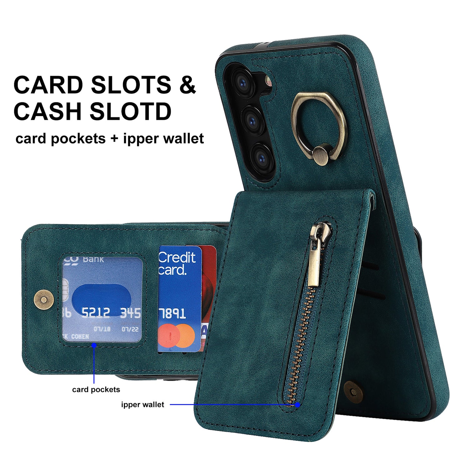 RFID Blocking Kickstand Phone Case for Samsung Galaxy S23+ Retro PU+TPU Zippered Wallet Phone Cover