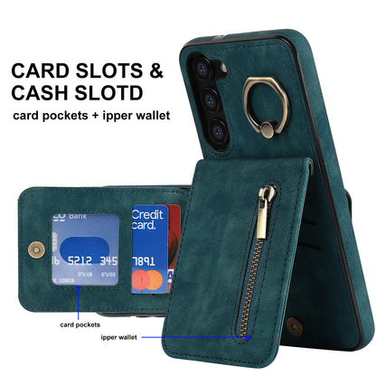 RFID Blocking Kickstand Phone Case for Samsung Galaxy S23+ Retro PU+TPU Zippered Wallet Phone Cover