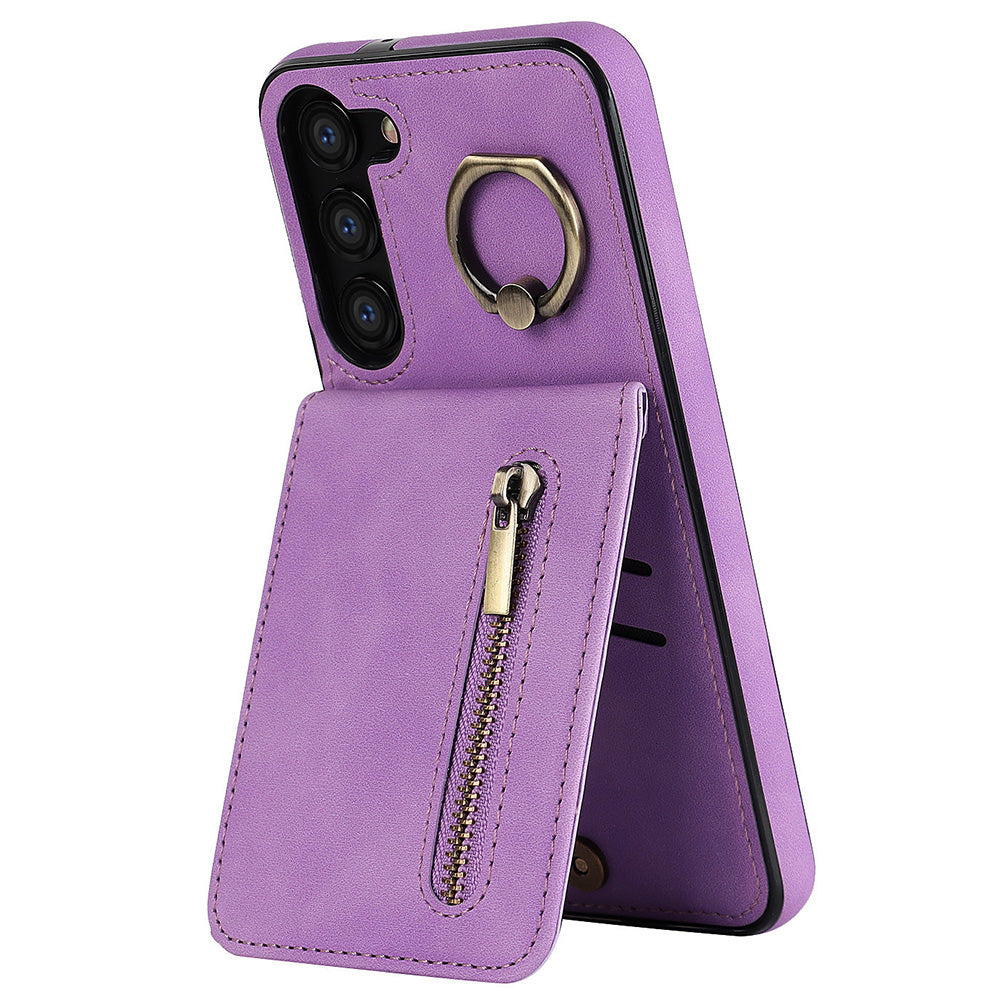 RFID Blocking Kickstand Phone Case for Samsung Galaxy S23+ Retro PU+TPU Zippered Wallet Phone Cover