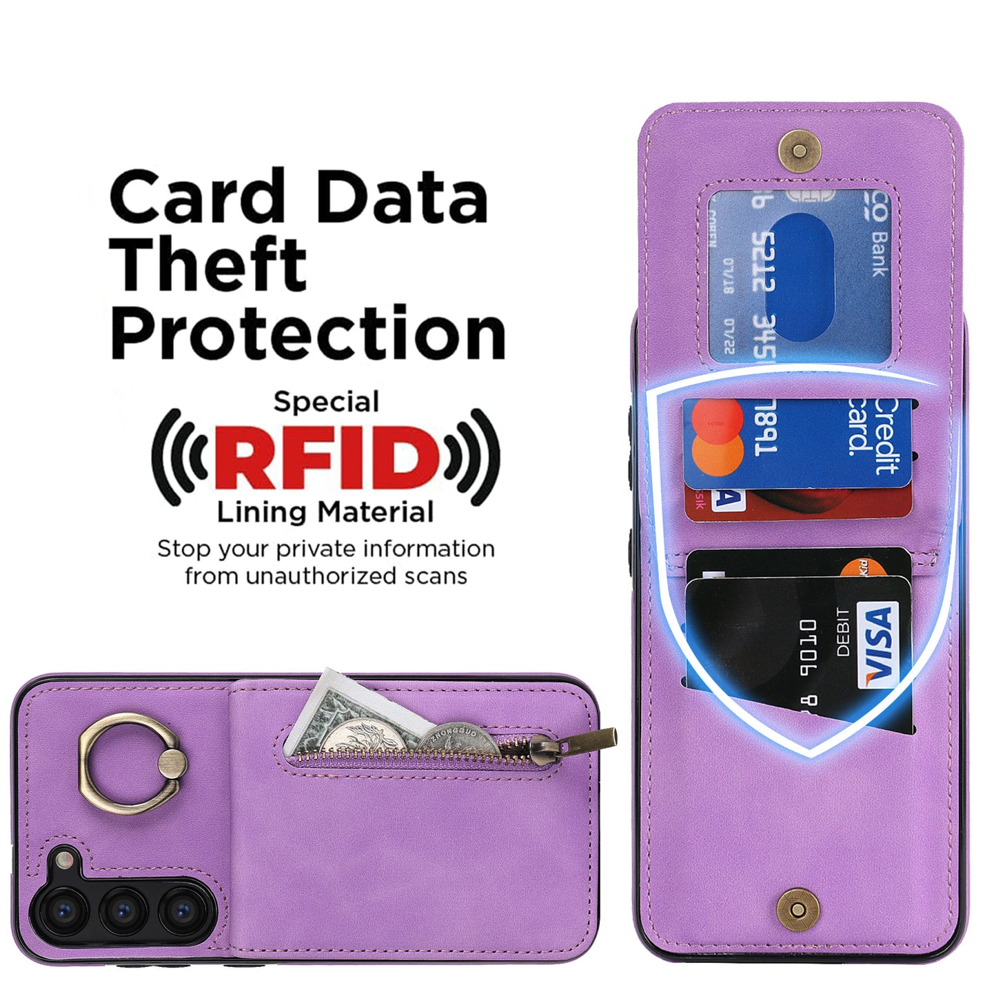 RFID Blocking Kickstand Phone Case for Samsung Galaxy S23+ Retro PU+TPU Zippered Wallet Phone Cover