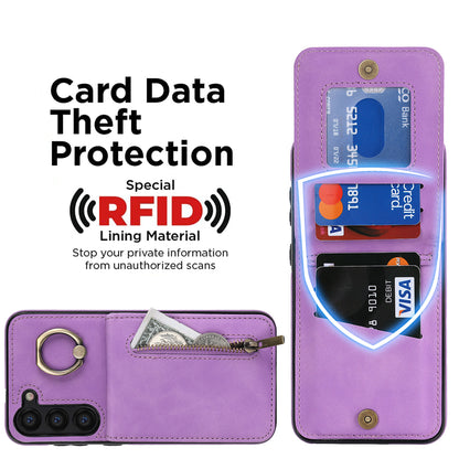 RFID Blocking Kickstand Phone Case for Samsung Galaxy S23+ Retro PU+TPU Zippered Wallet Phone Cover