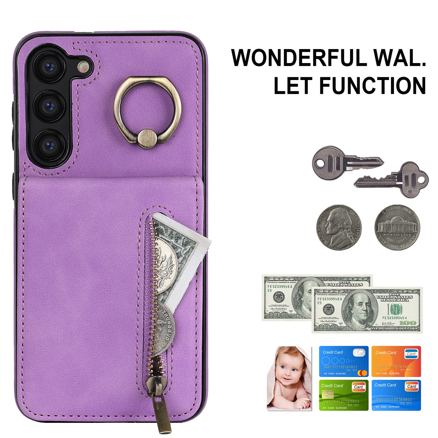 RFID Blocking Kickstand Phone Case for Samsung Galaxy S23+ Retro PU+TPU Zippered Wallet Phone Cover