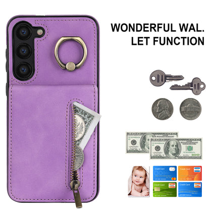 RFID Blocking Kickstand Phone Case for Samsung Galaxy S23+ Retro PU+TPU Zippered Wallet Phone Cover