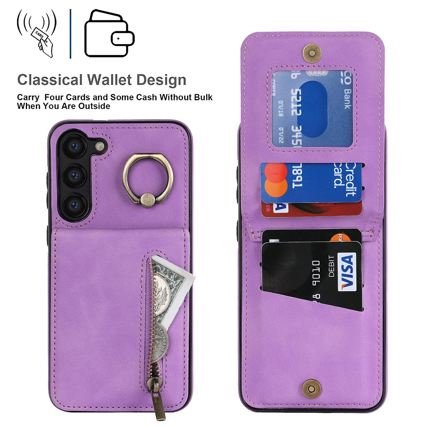 RFID Blocking Kickstand Phone Case for Samsung Galaxy S23+ Retro PU+TPU Zippered Wallet Phone Cover
