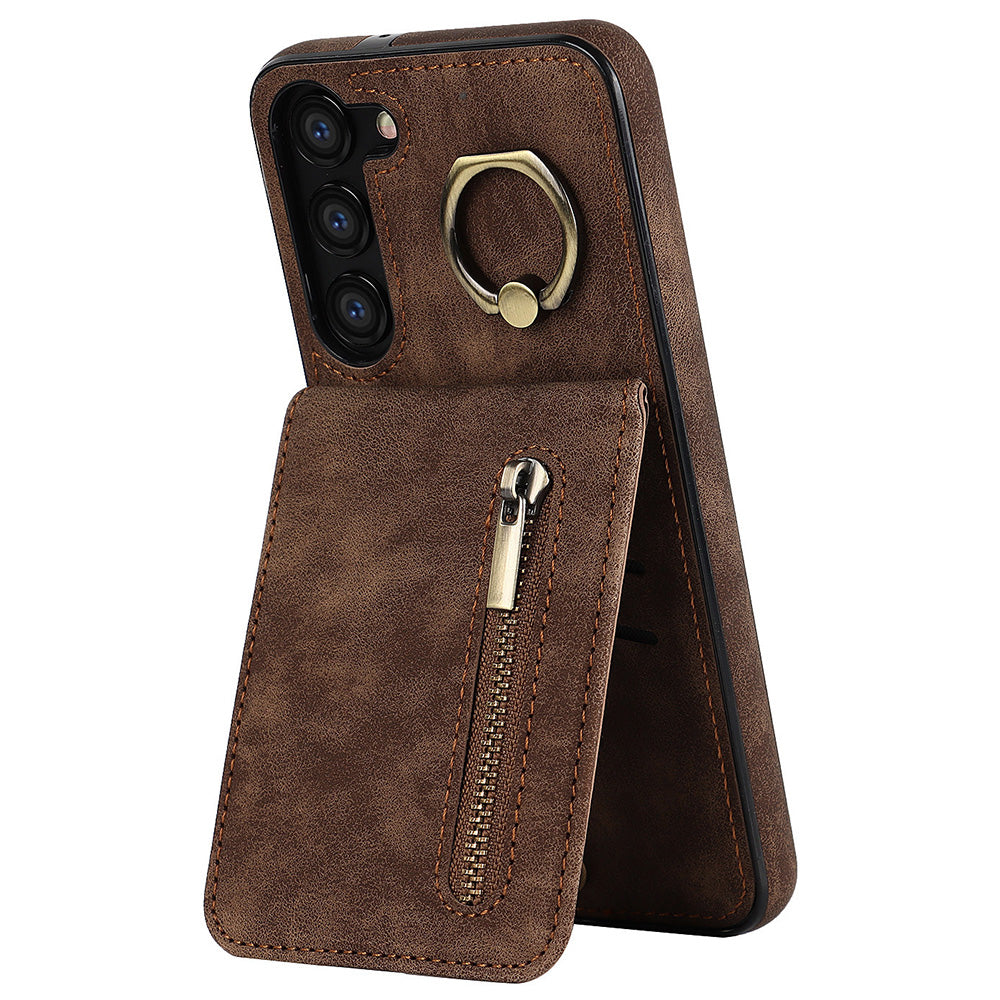 RFID Blocking Kickstand Phone Case for Samsung Galaxy S23+ Retro PU+TPU Zippered Wallet Phone Cover