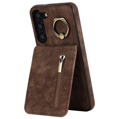RFID Blocking Kickstand Phone Case for Samsung Galaxy S23+ Retro PU+TPU Zippered Wallet Phone Cover