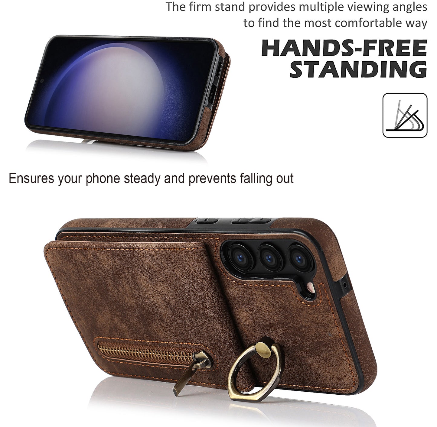 RFID Blocking Kickstand Phone Case for Samsung Galaxy S23+ Retro PU+TPU Zippered Wallet Phone Cover