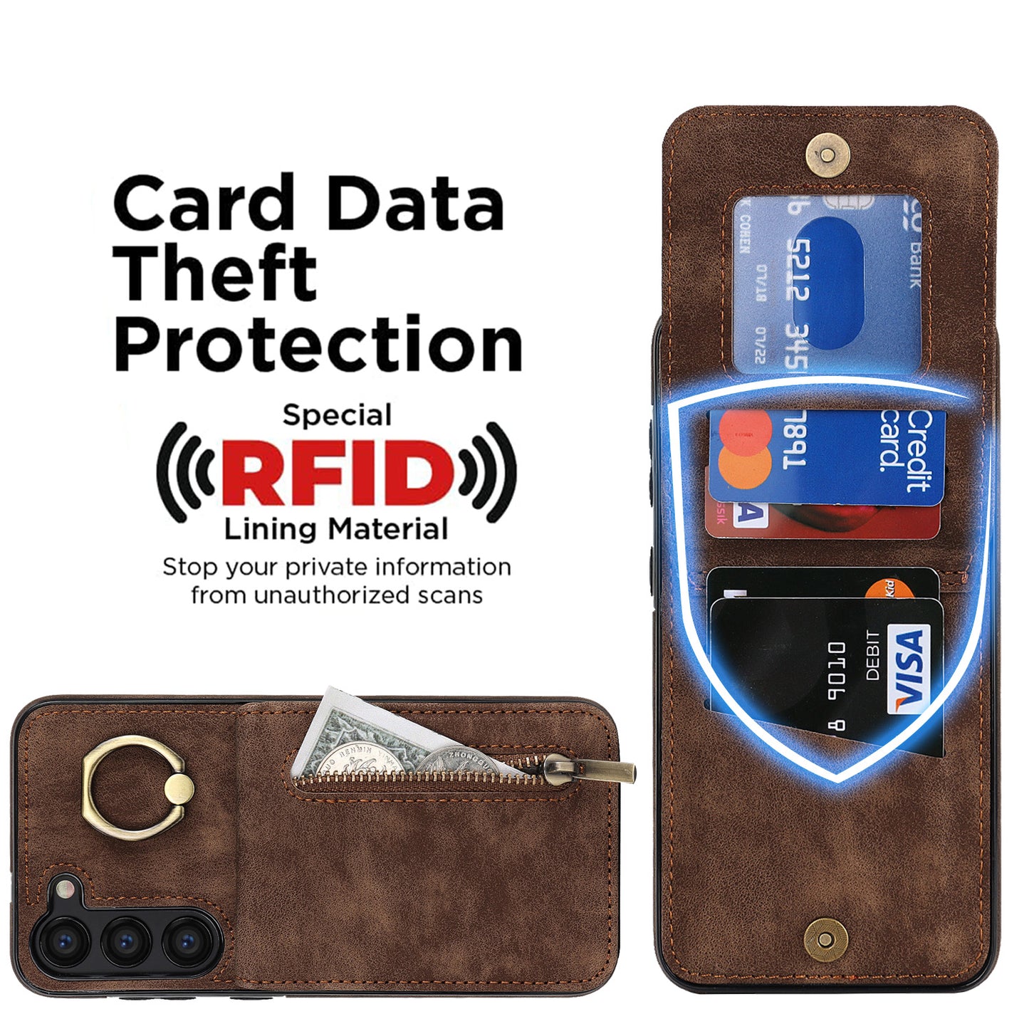 RFID Blocking Kickstand Phone Case for Samsung Galaxy S23+ Retro PU+TPU Zippered Wallet Phone Cover
