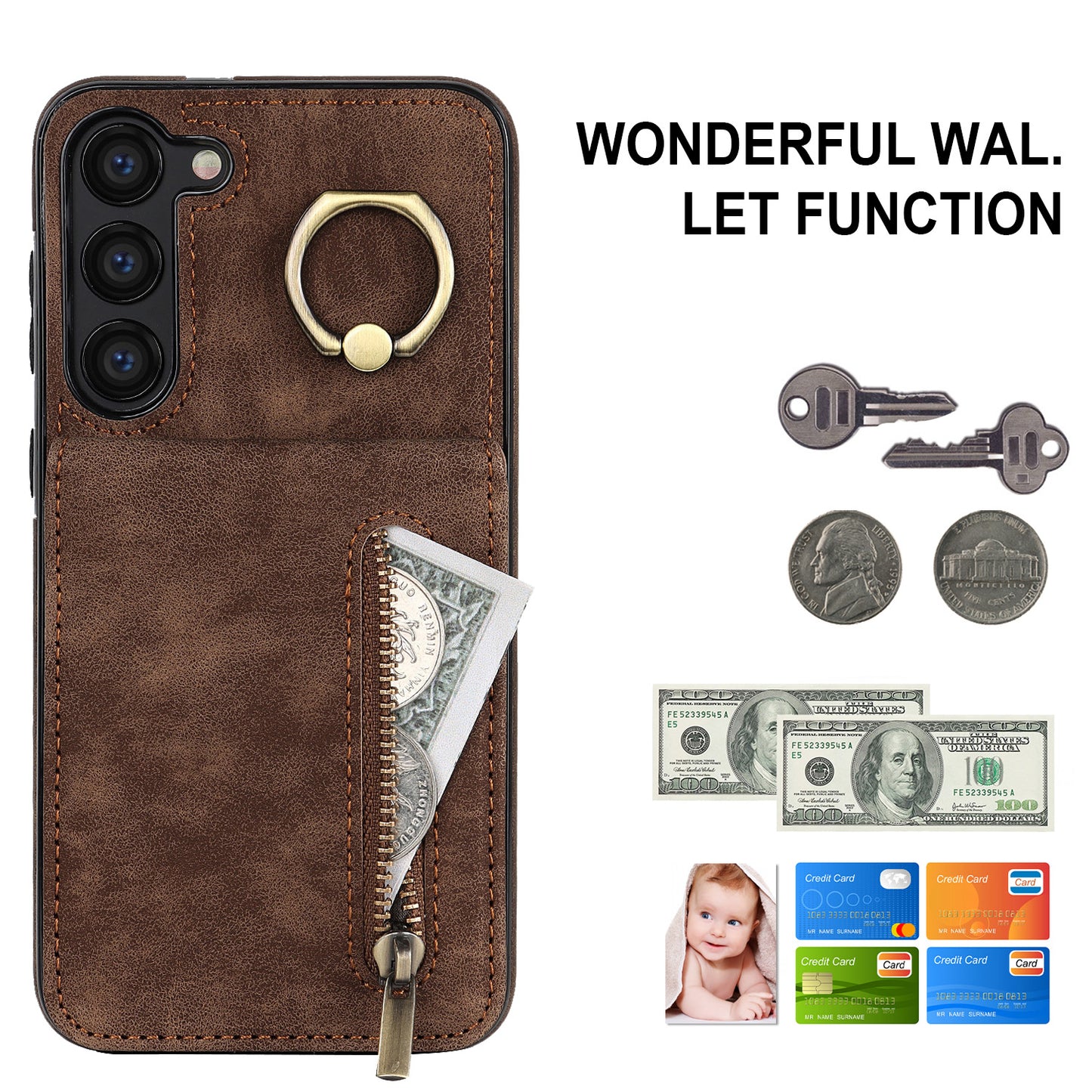 RFID Blocking Kickstand Phone Case for Samsung Galaxy S23+ Retro PU+TPU Zippered Wallet Phone Cover
