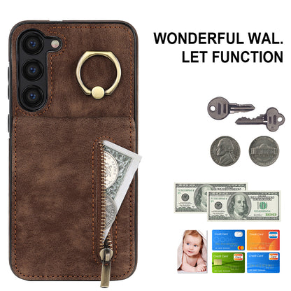 RFID Blocking Kickstand Phone Case for Samsung Galaxy S23+ Retro PU+TPU Zippered Wallet Phone Cover