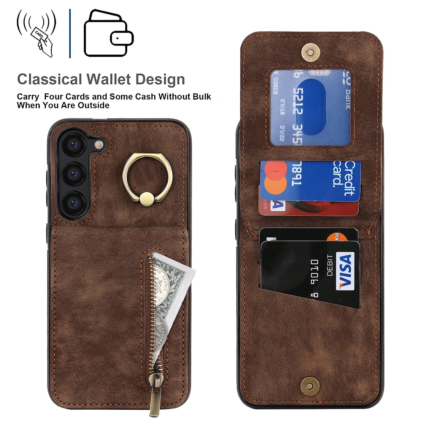 RFID Blocking Kickstand Phone Case for Samsung Galaxy S23+ Retro PU+TPU Zippered Wallet Phone Cover