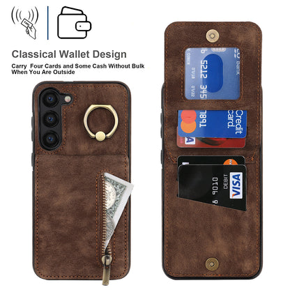 RFID Blocking Kickstand Phone Case for Samsung Galaxy S23+ Retro PU+TPU Zippered Wallet Phone Cover