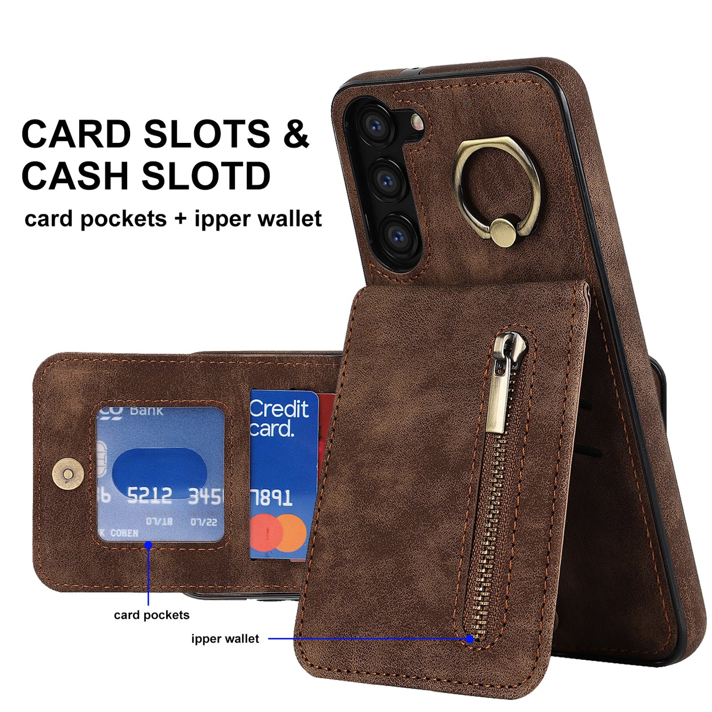 RFID Blocking Kickstand Phone Case for Samsung Galaxy S23+ Retro PU+TPU Zippered Wallet Phone Cover