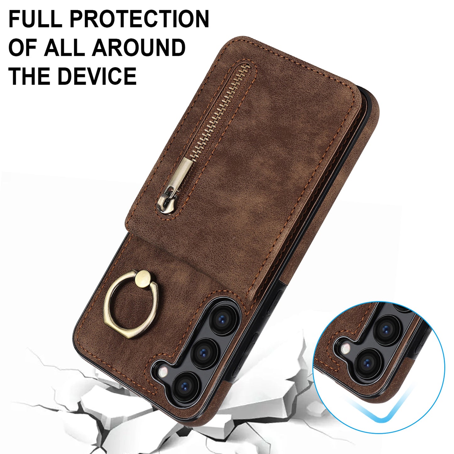 RFID Blocking Kickstand Phone Case for Samsung Galaxy S23+ Retro PU+TPU Zippered Wallet Phone Cover
