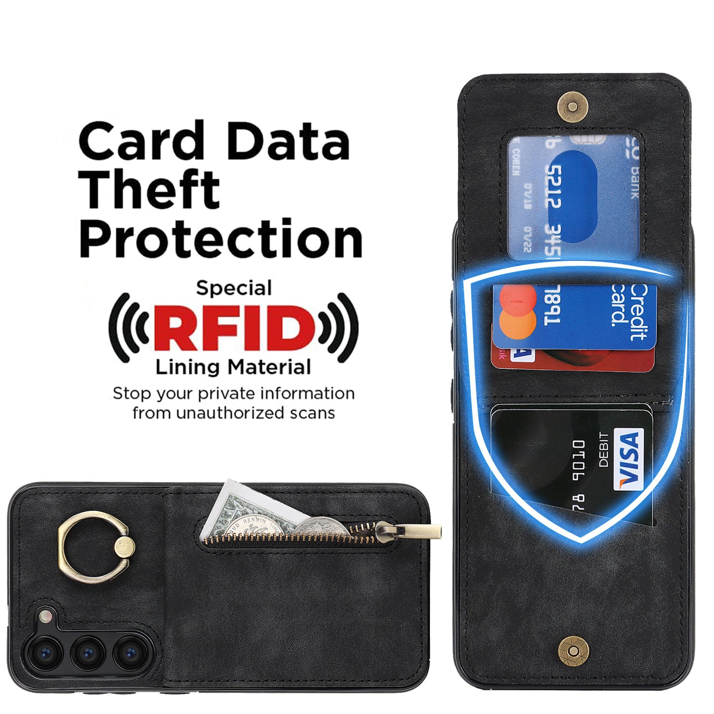 RFID Blocking Kickstand Case for Samsung Galaxy S23 Anti-Drop PU+TPU Phone Cover with Zippered Wallet