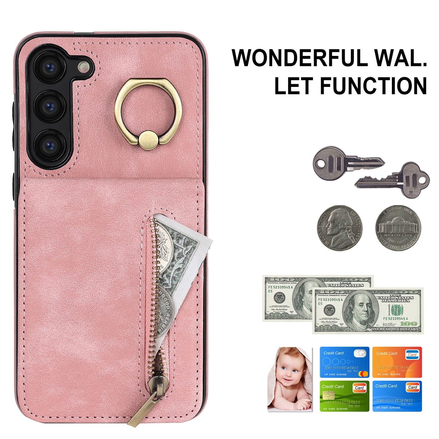 RFID Blocking Kickstand Case for Samsung Galaxy S23 Anti-Drop PU+TPU Phone Cover with Zippered Wallet