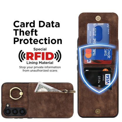 RFID Blocking Kickstand Case for Samsung Galaxy S23 Anti-Drop PU+TPU Phone Cover with Zippered Wallet