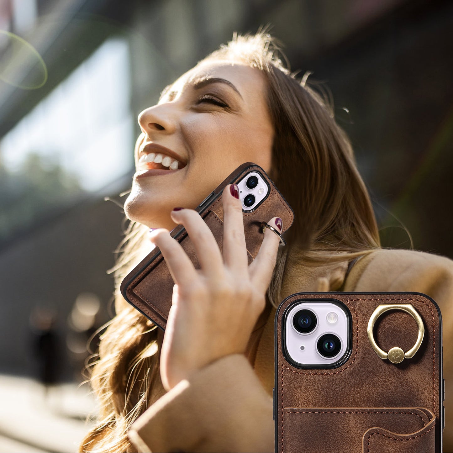 001 For iPhone 14 Card Holder Ring Kickstand Anti-drop Cover PU Leather Coated TPU Phone Case