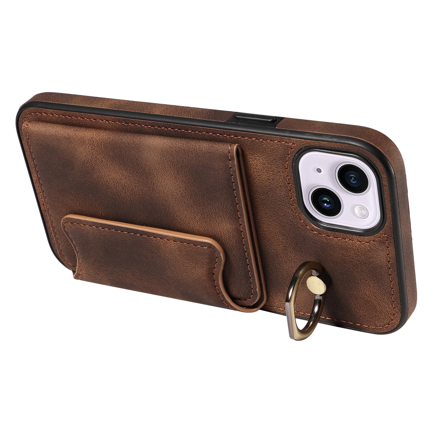 001 For iPhone 14 Card Holder Ring Kickstand Anti-drop Cover PU Leather Coated TPU Phone Case