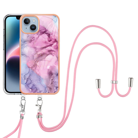 YB IMD Series-18 Style E Phone Case for iPhone 15 Plus IMD Marble Pattern 2.0mm TPU Anti-drop Cover with Lanyard