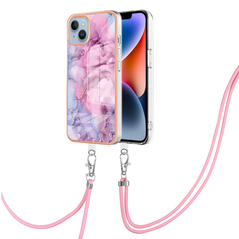 YB IMD Series-18 Style E Phone Case for iPhone 15 Plus IMD Marble Pattern 2.0mm TPU Anti-drop Cover with Lanyard