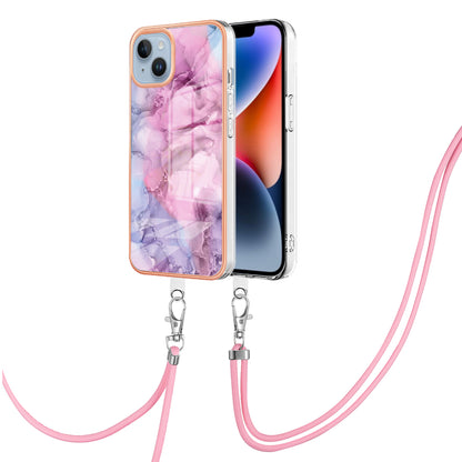 YB IMD Series-18 Style E Phone Case for iPhone 15 Plus IMD Marble Pattern 2.0mm TPU Anti-drop Cover with Lanyard