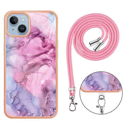 YB IMD Series-18 Style E Phone Case for iPhone 15 Plus IMD Marble Pattern 2.0mm TPU Anti-drop Cover with Lanyard