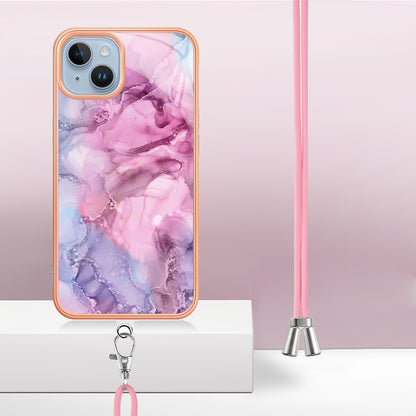 YB IMD Series-18 Style E Phone Case for iPhone 15 Plus IMD Marble Pattern 2.0mm TPU Anti-drop Cover with Lanyard