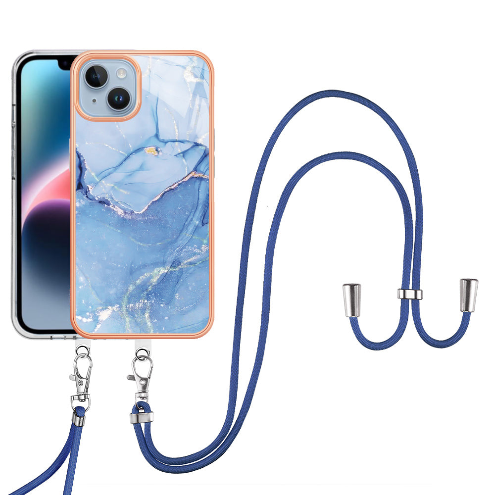 YB IMD Series-18 Style E Phone Case for iPhone 15 Plus IMD Marble Pattern 2.0mm TPU Anti-drop Cover with Lanyard