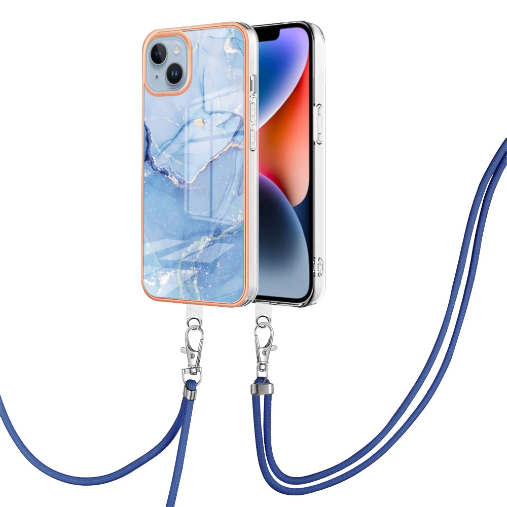 YB IMD Series-18 Style E Phone Case for iPhone 15 Plus IMD Marble Pattern 2.0mm TPU Anti-drop Cover with Lanyard
