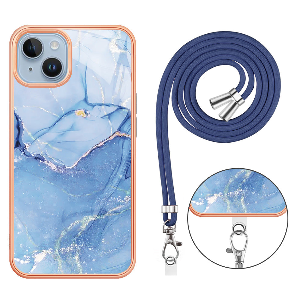 YB IMD Series-18 Style E Phone Case for iPhone 15 Plus IMD Marble Pattern 2.0mm TPU Anti-drop Cover with Lanyard