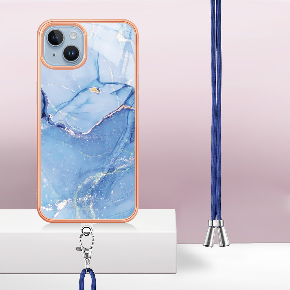 YB IMD Series-18 Style E Phone Case for iPhone 15 Plus IMD Marble Pattern 2.0mm TPU Anti-drop Cover with Lanyard