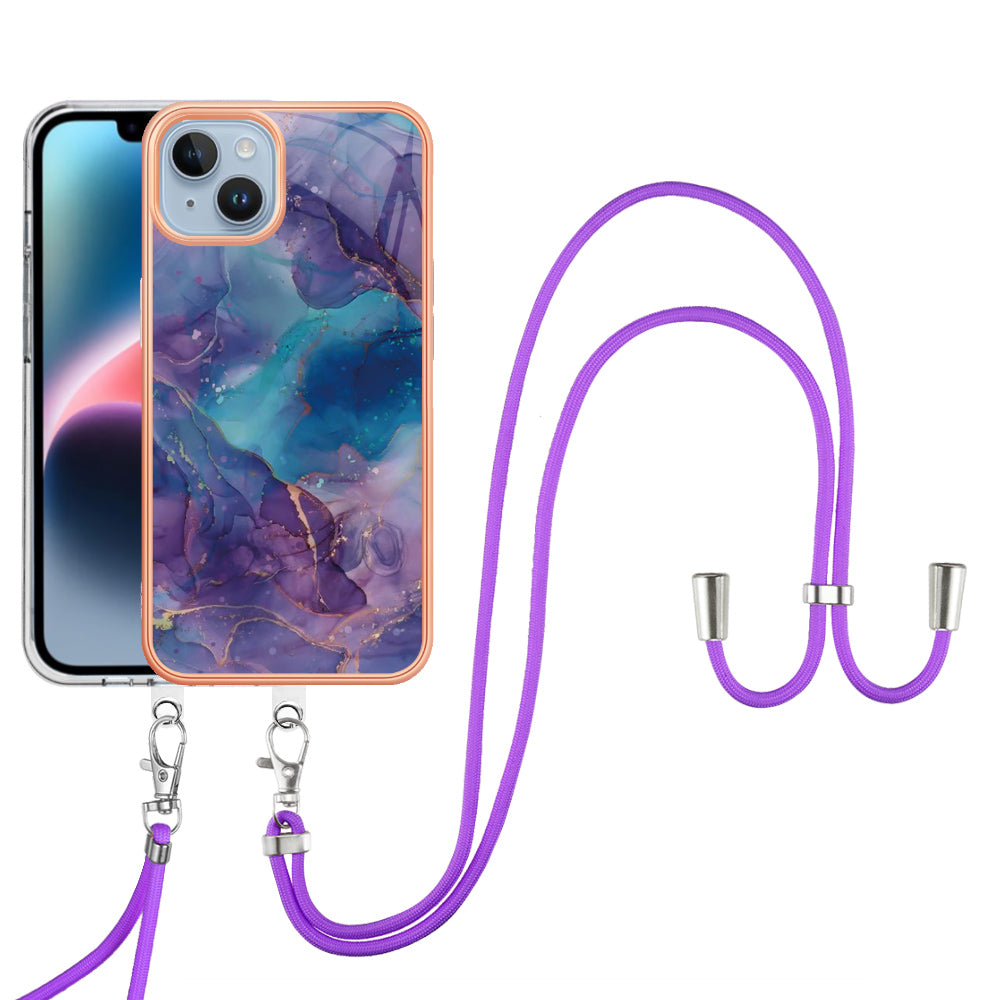 YB IMD Series-18 Style E Phone Case for iPhone 15 Plus IMD Marble Pattern 2.0mm TPU Anti-drop Cover with Lanyard