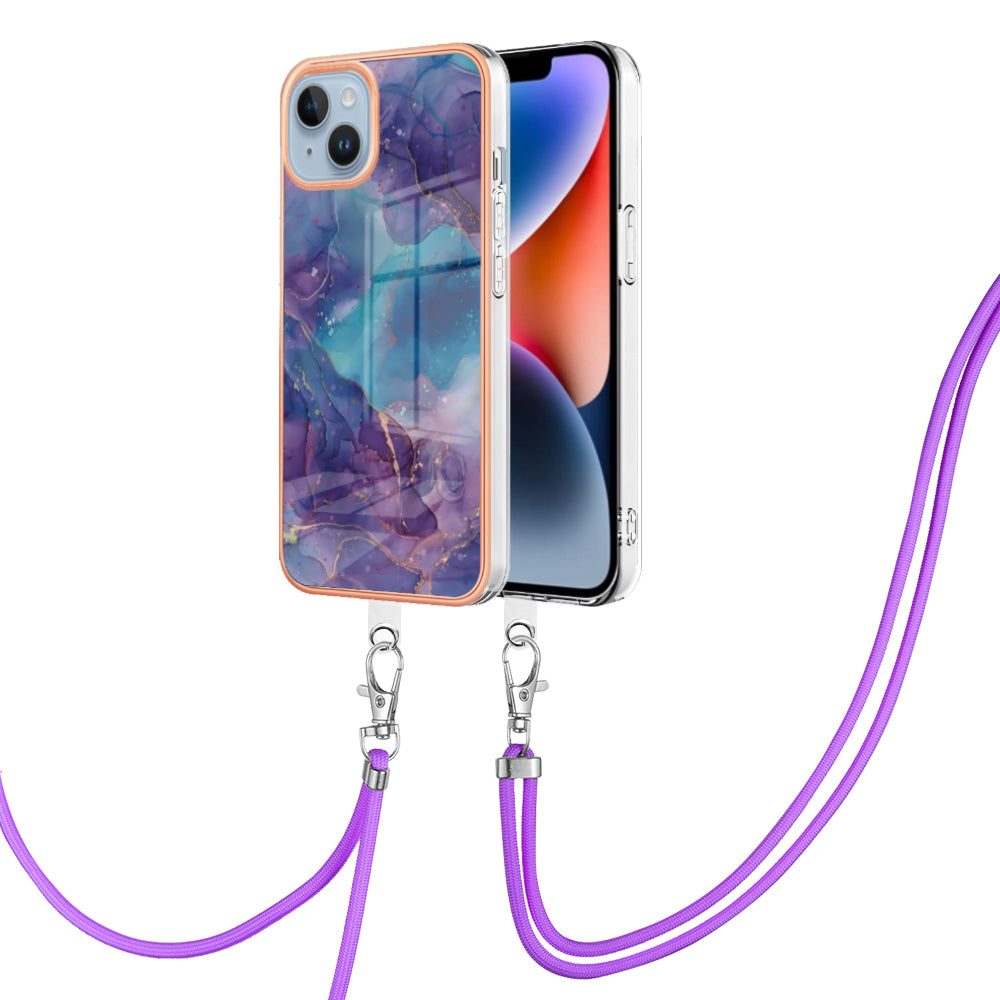 YB IMD Series-18 Style E Phone Case for iPhone 15 Plus IMD Marble Pattern 2.0mm TPU Anti-drop Cover with Lanyard
