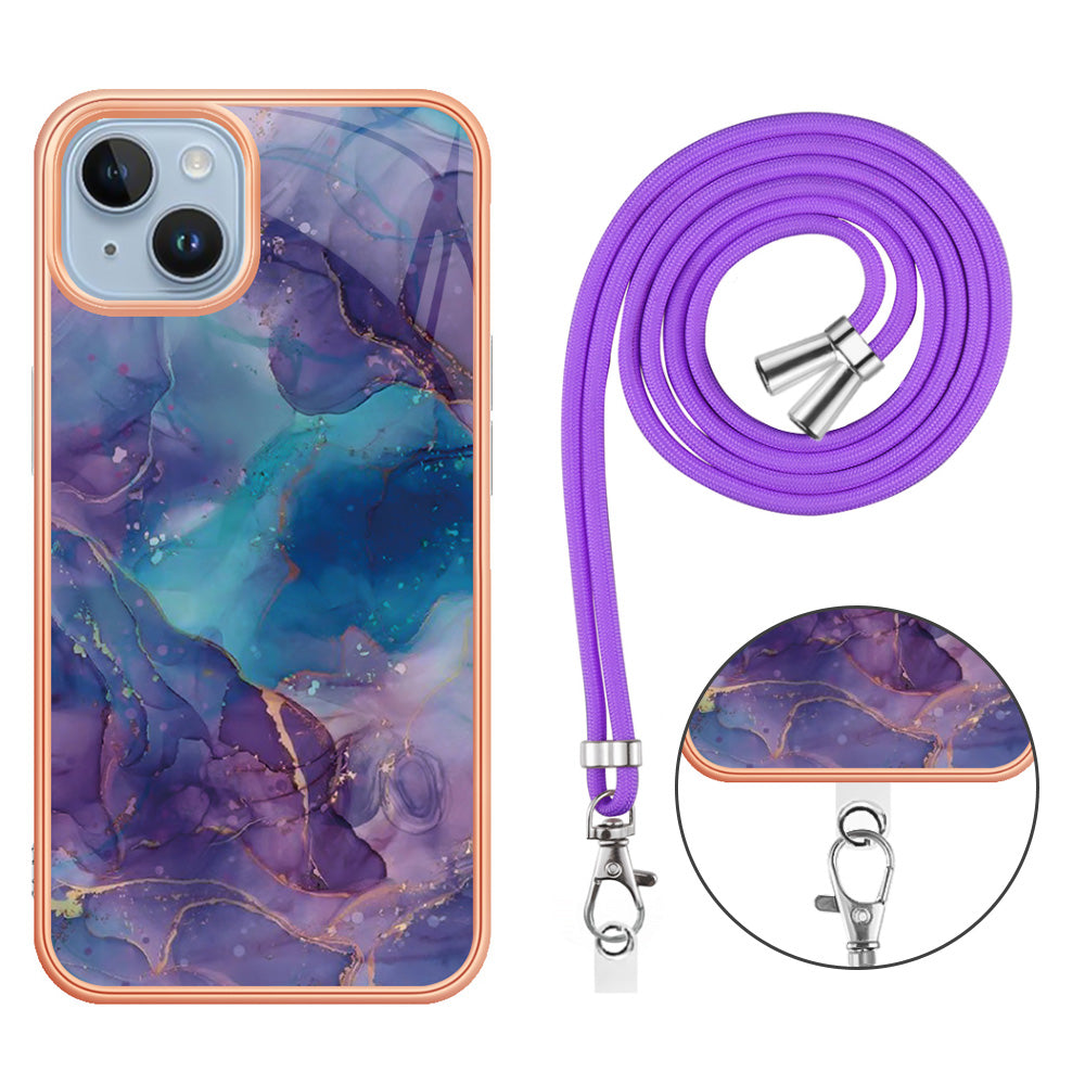 YB IMD Series-18 Style E Phone Case for iPhone 15 Plus IMD Marble Pattern 2.0mm TPU Anti-drop Cover with Lanyard