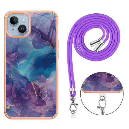 YB IMD Series-18 Style E Phone Case for iPhone 15 Plus IMD Marble Pattern 2.0mm TPU Anti-drop Cover with Lanyard