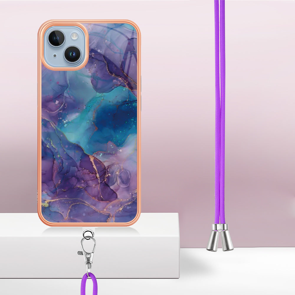 YB IMD Series-18 Style E Phone Case for iPhone 15 Plus IMD Marble Pattern 2.0mm TPU Anti-drop Cover with Lanyard