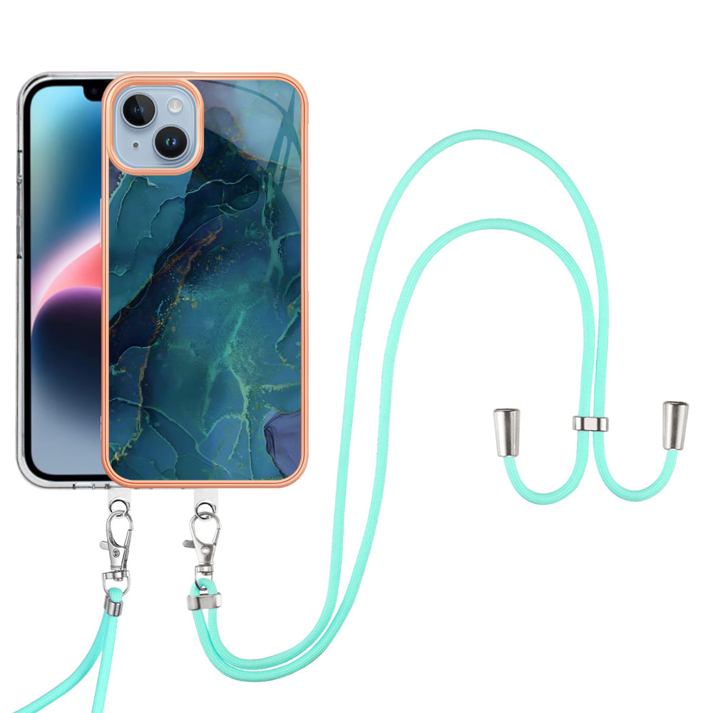 YB IMD Series-18 Style E Phone Case for iPhone 15 Plus IMD Marble Pattern 2.0mm TPU Anti-drop Cover with Lanyard