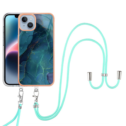 YB IMD Series-18 Style E Phone Case for iPhone 15 Plus IMD Marble Pattern 2.0mm TPU Anti-drop Cover with Lanyard