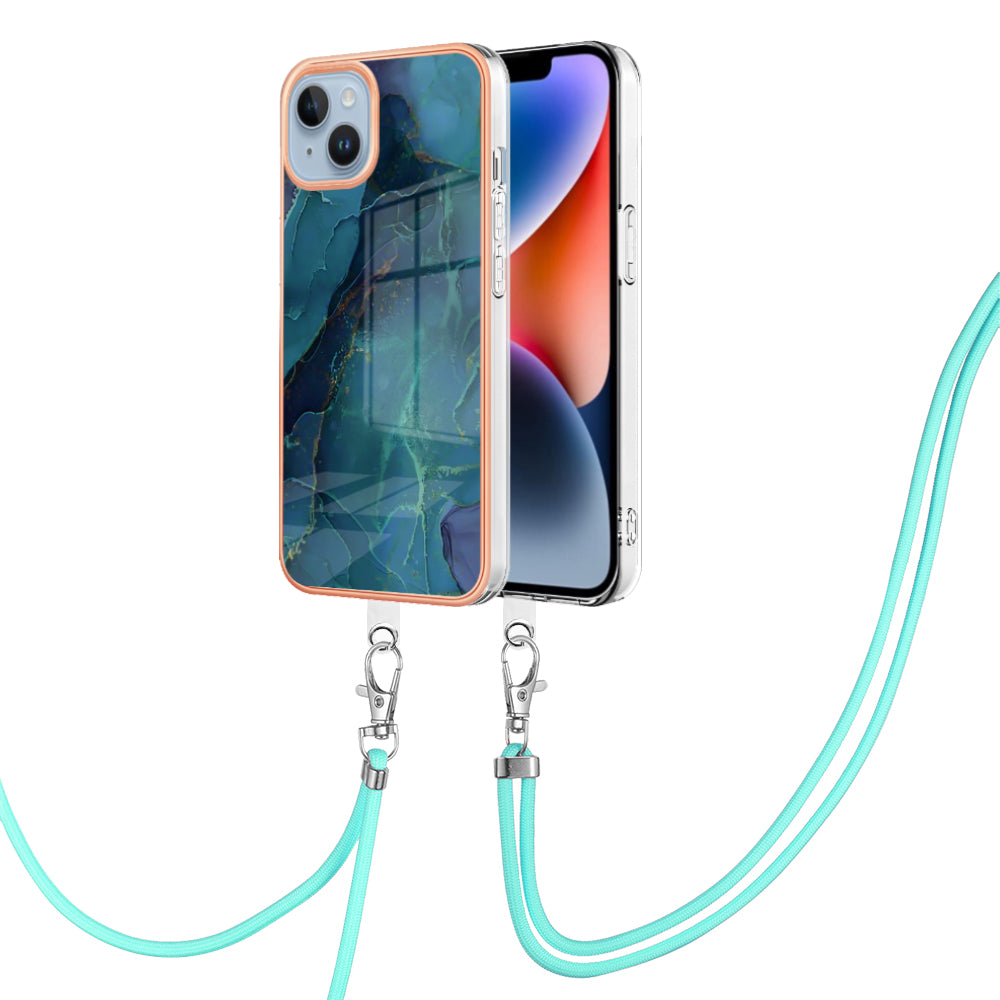 YB IMD Series-18 Style E Phone Case for iPhone 15 Plus IMD Marble Pattern 2.0mm TPU Anti-drop Cover with Lanyard