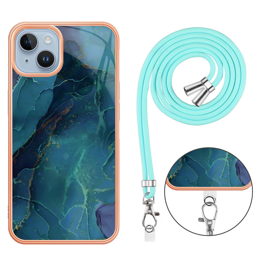 YB IMD Series-18 Style E Phone Case for iPhone 15 Plus IMD Marble Pattern 2.0mm TPU Anti-drop Cover with Lanyard