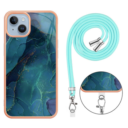 YB IMD Series-18 Style E Phone Case for iPhone 15 Plus IMD Marble Pattern 2.0mm TPU Anti-drop Cover with Lanyard