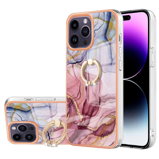 YB IMD Series-17 Style-E for iPhone 15 Pro Electroplated 2.0mm TPU Phone Case Ring Kickstand Marble Pattern IMD Cover